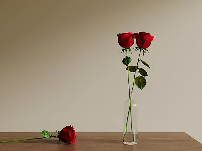 Red Roses In Transparent Glass Vase With Fallen Rose On Wooden Table 3d model