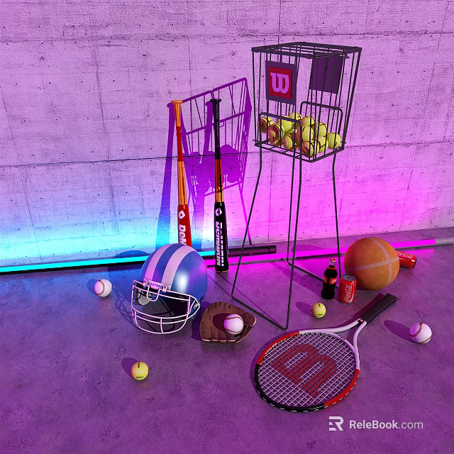 Sports Equipment Collection with Tennis Rackets Baseball Bats Football Helmet Basket and Assorted Balls 3d model 