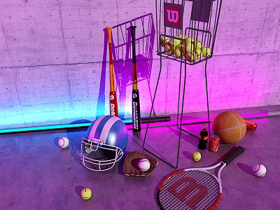 Sports Equipment Collection with Tennis Rackets Baseball Bats Football Helmet Basket and Assorted Balls 3d model