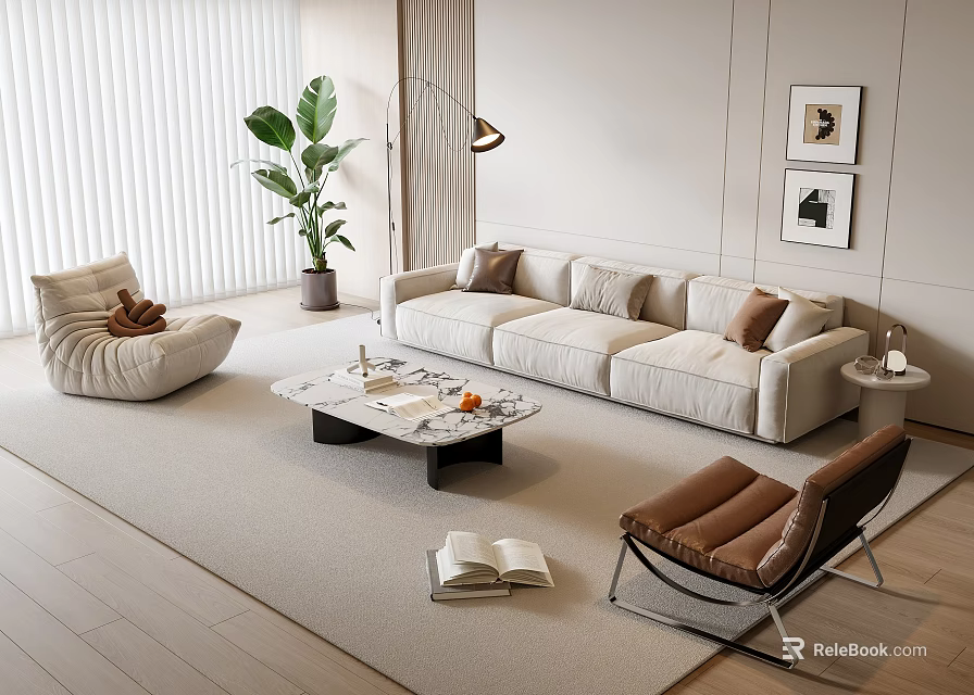 Modern Sofa Coffee Table Set with Brown Armchair Potted Plant Floor Lamp Wall Art Rug 3d model 