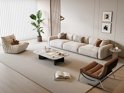 Modern Sofa Coffee Table Set with Brown Armchair Potted Plant Floor Lamp Wall Art Rug 3d model