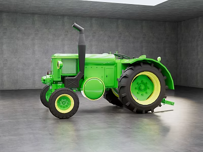 Green Vintage Tractor Showcased In Indoor Space With Gray Concrete Walls And Floor 3d model