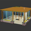 Cartoon Style Pavilion Scene With Yellow Roof Transparent Blue Windows And Pink Base