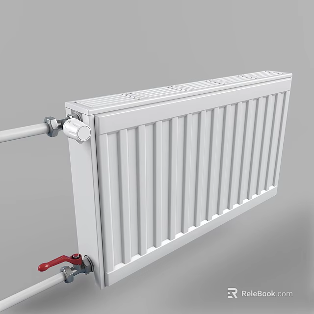 White Radiator With Vertical Panels Connected Pipes And Red Valve For Home Heating 3d model 