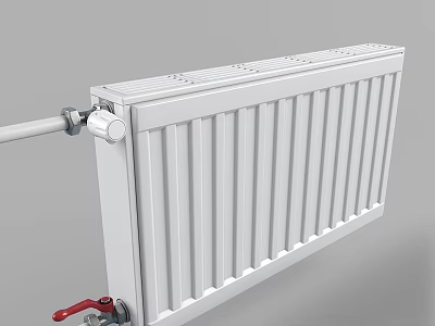 White Radiator With Vertical Panels Connected Pipes And Red Valve For Home Heating 3d model
