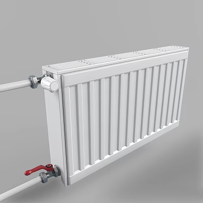 White Radiator With Vertical Panels Connected Pipes And Red Valve For Home Heating 3d model