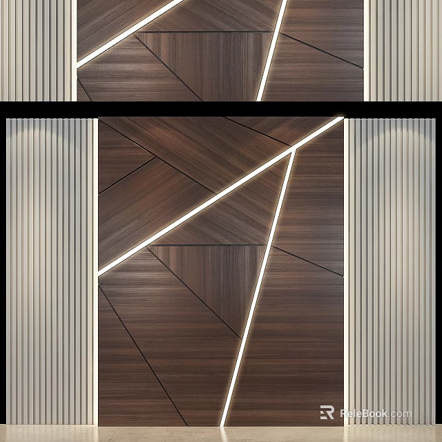 Modern Wooden Wall Panel Design With Geometric Patterns And LED Strip Lights 3d model