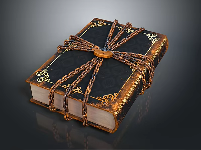 Vintage Old Book Covered With Rusted Chains And Golden Decorative Patterns 3d model