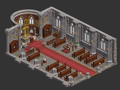 Religious Faith Inspired Church Interior With Pews Altar And Stained Glass Windows 3d model