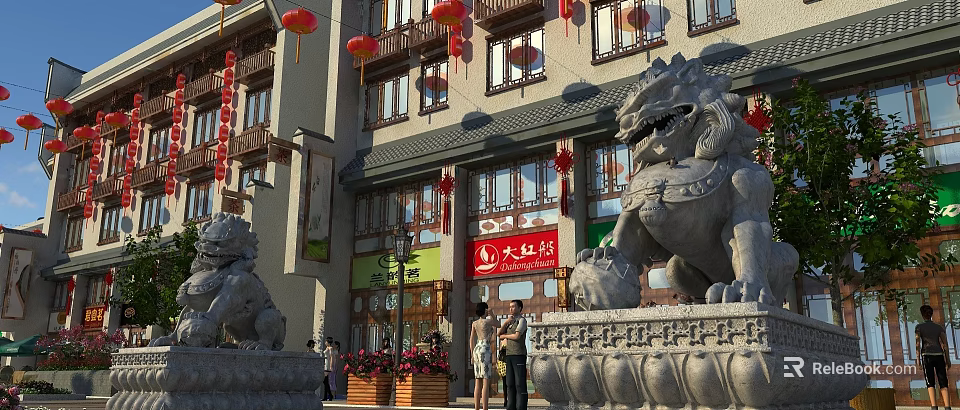 Traditional Chinese Commercial Street With Stone Lions Red Lanterns Store Signs And Pedestrians 3d model 