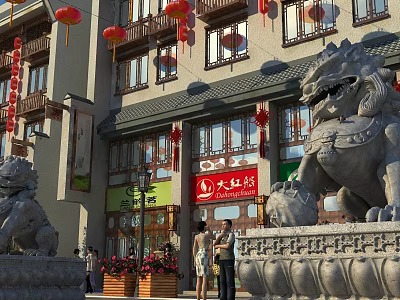 Traditional Chinese Commercial Street With Stone Lions Red Lanterns Store Signs And Pedestrians 3d model
