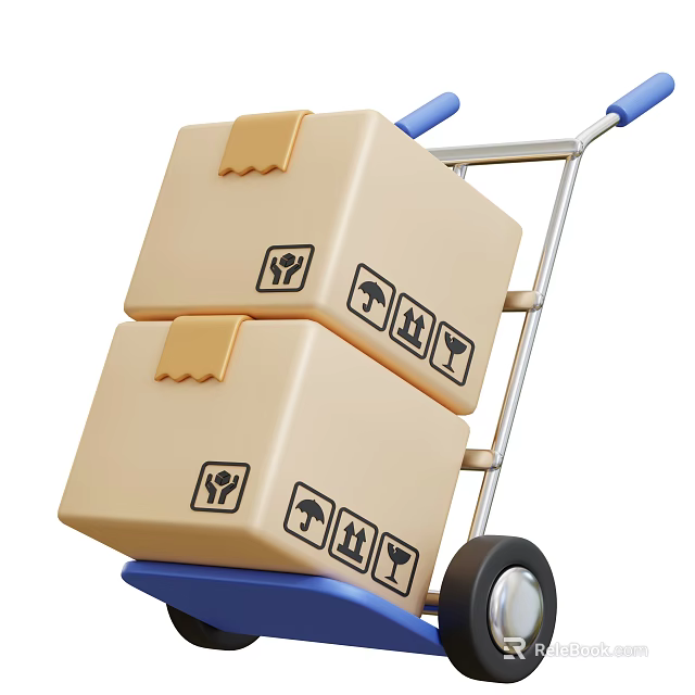 Decorative Ornament Set Packed in Stacked Cardboard Boxes on Blue Hand Cart with Fragile Symbols 3d model 