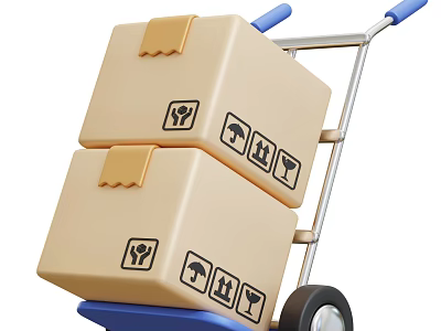 Decorative Ornament Set Packed in Stacked Cardboard Boxes on Blue Hand Cart with Fragile Symbols 3d model
