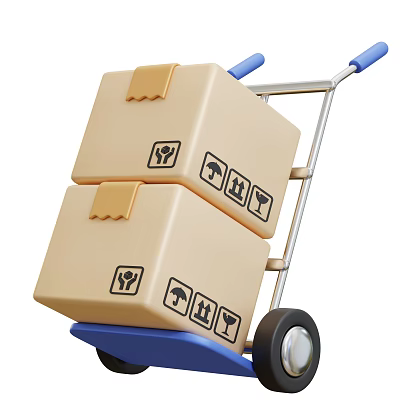 Decorative Ornament Set Packed in Stacked Cardboard Boxes on Blue Hand Cart with Fragile Symbols 3d model
