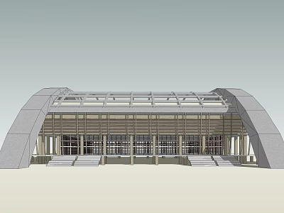 Modern Architectural Structure Featuring Curved Roof Glass Facade Support Columns And Stone Steps 3d model