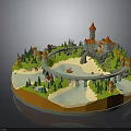 3D Scenic Castle Architecture Model with River Bridge Trees and Small Houses