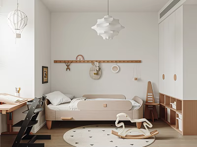 Cozy Kids Room With Bed Study Desk Rocking Horse Pendant Lights And Storage Cabinets 3d model
