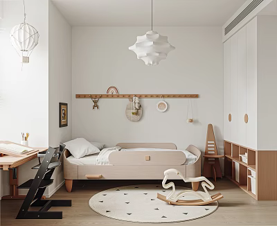 Cozy Kids Room With Bed Study Desk Rocking Horse Pendant Lights And Storage Cabinets 3d model