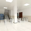 Public Facility Interior With White Tiled Floor Square Ceiling Lights Turnstiles Blue Lockers And Staircase