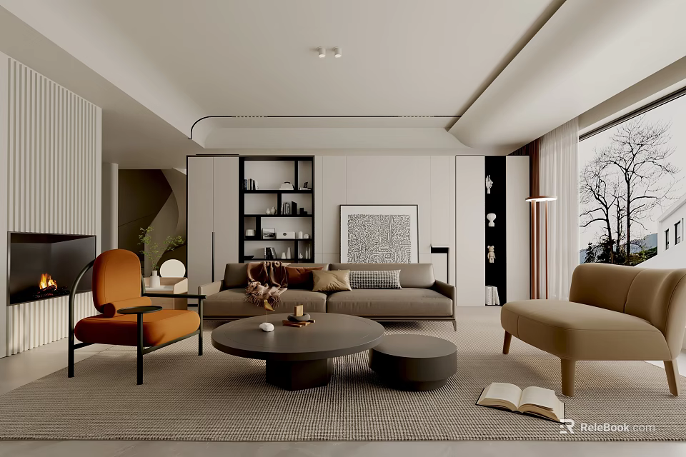 Modern Living Room Interior Design With Sofa Armchair Round Coffee Table And Fireplace 3d model 