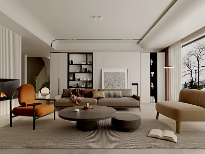 Modern Living Room Interior Design With Sofa Armchair Round Coffee Table And Fireplace 3d model