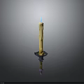 Burning Yellow Wax Candle With Blue Flame On Purple Gold Candlestick Base