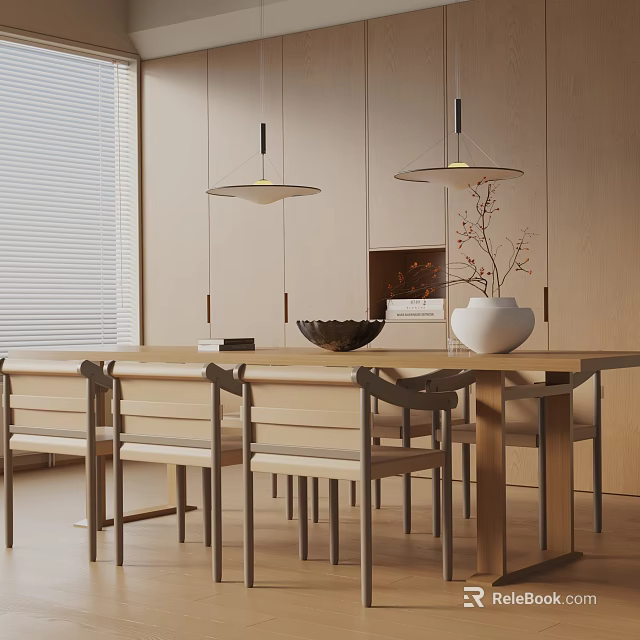 Elegant Modern Tea Room Interior With Wooden Table Chairs Pendant Lights And Vase 3d model 