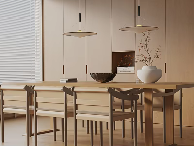 Elegant Modern Tea Room Interior With Wooden Table Chairs Pendant Lights And Vase 3d model