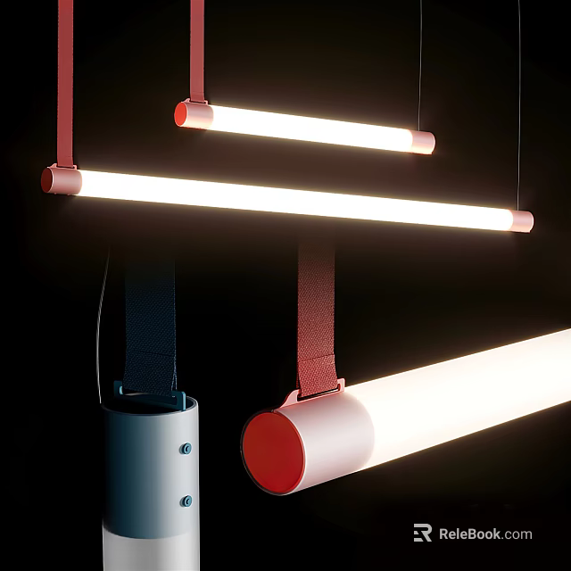 Modern Minimalist Linear Pendant Lights With Red Hanging Straps And White Cylindrical Lamps 3d model 