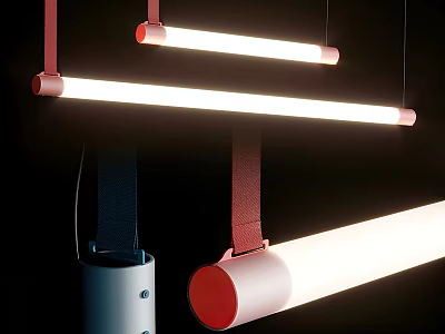 Modern Minimalist Linear Pendant Lights With Red Hanging Straps And White Cylindrical Lamps 3d model