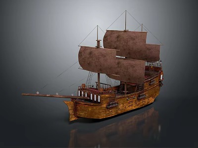 Ancient Wooden Sailing Ship With Brown Sails And Multiple Masts As Historical Water Transport 3d model