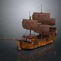 Ancient Wooden Sailing Ship With Brown Sails And Multiple Masts As Historical Water Transport
