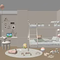 Cheerful Kids Room Interior Design With Bunk Bed Desk Toys Pastel Balloons And Round Rug