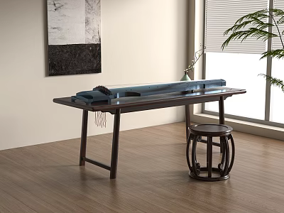 Traditional Guzheng and Painting Supplies on Wooden Table in Cozy Indoor Scene with Decorations 3d model