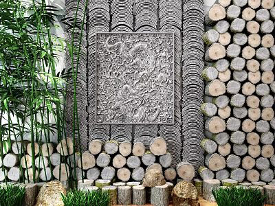 Elegant Carved Wall Panel Design With Log Slice Wall Bamboo Plants And Stone Bases 3d model