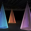 Modern Ceiling Design With Three Illuminated Pleated Cones In Blue Orange Purple