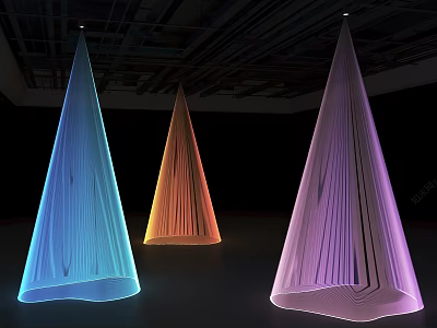 Modern Ceiling Design With Three Illuminated Pleated Cones In Blue Orange Purple 3d model