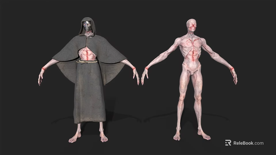 Cloaked And Emaciated Game Movie Characters With Red Markings And Pale Skin 3d model 