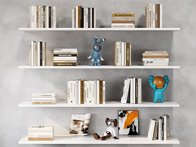 Grey Wall Background White Bookshelves With Books And Decorative Dolls 3d model