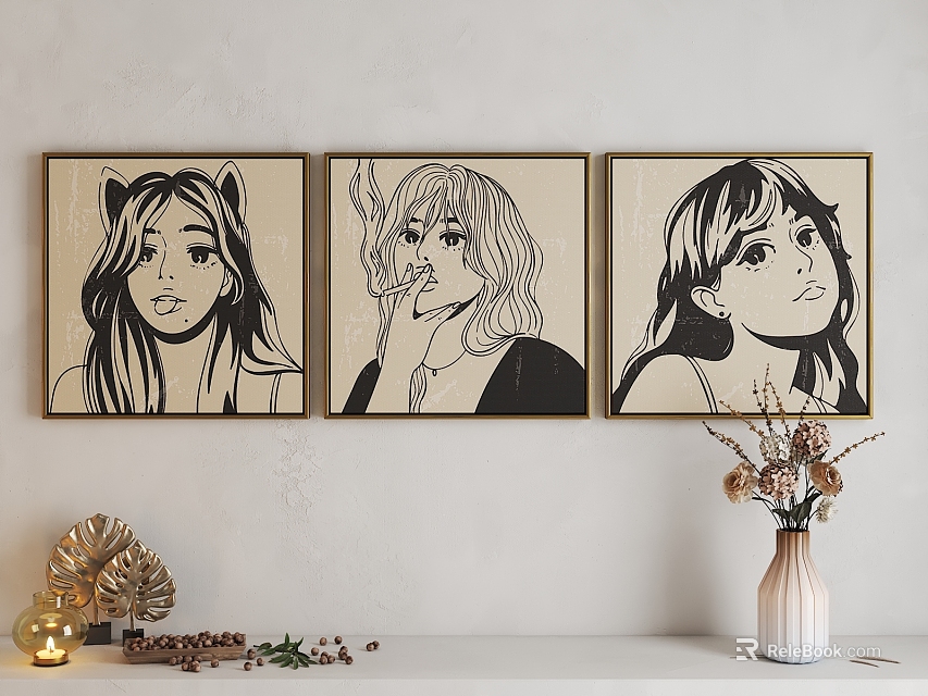 Three Stylish Female Portrait Paintings With Golden Frames On White Wall 3d model 