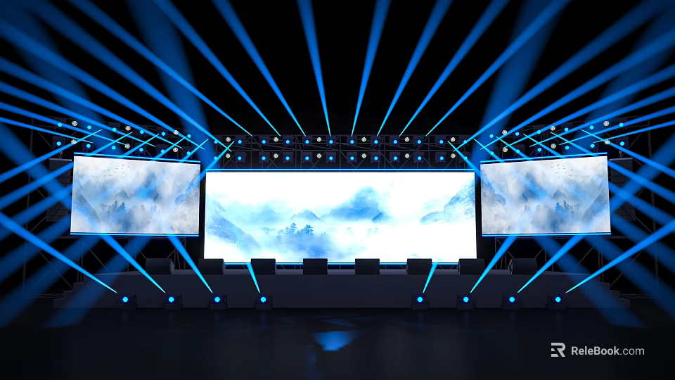 Event Stage With Blue Lights And Landscape Screens 3d model