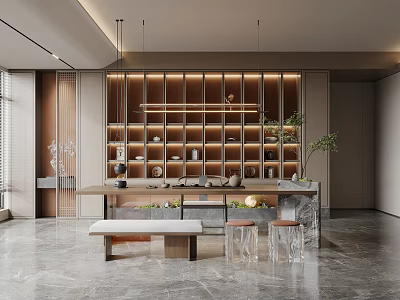 Modern Tea Room Design Featuring Wooden Shelves With Tea Sets Hanging Lights And Marble Countertop 3d model