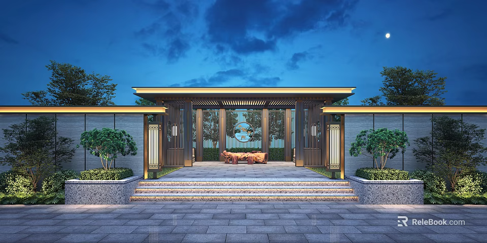 Serene Courtyard Garden Design With Wooden Entrance Steps Green Plants And Night Lighting 3d model 