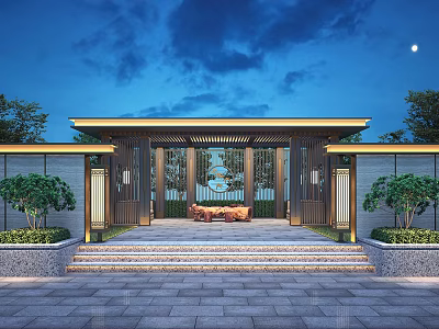 Serene Courtyard Garden Design With Wooden Entrance Steps Green Plants And Night Lighting 3d model