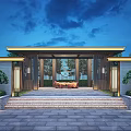 Serene Courtyard Garden Design With Wooden Entrance Steps Green Plants And Night Lighting