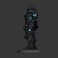Black Armored Warrior Model With Blue Glowing Lines Holding Sword On Pedestal Base