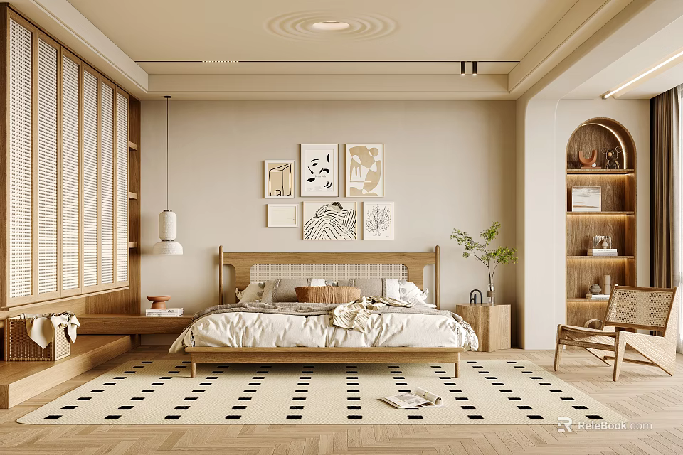 Modern Bedroom Interior With Wooden Bed Decorative Artworks Geometric Rug And Green Plant 3d model 