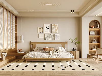 Modern Bedroom Interior With Wooden Bed Decorative Artworks Geometric Rug And Green Plant 3d model