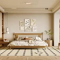 Modern Bedroom Interior With Wooden Bed Decorative Artworks Geometric Rug And Green Plant