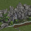 Garden Ornamental Scene With Rock Formations Waterfalls Green Plants And Stone Pathway